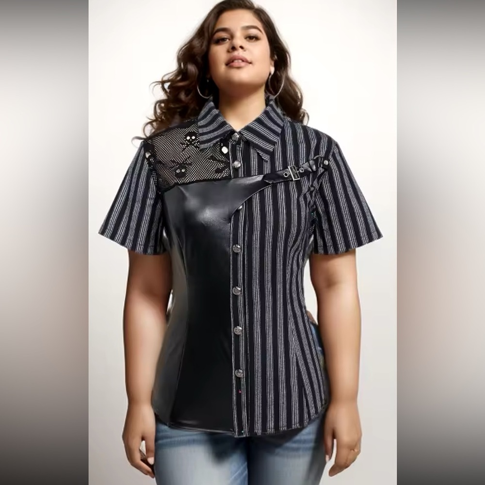 Biker Gothic Black Grey Striped Collared Button up Shirt w/ Belt Design 1X 16-18
